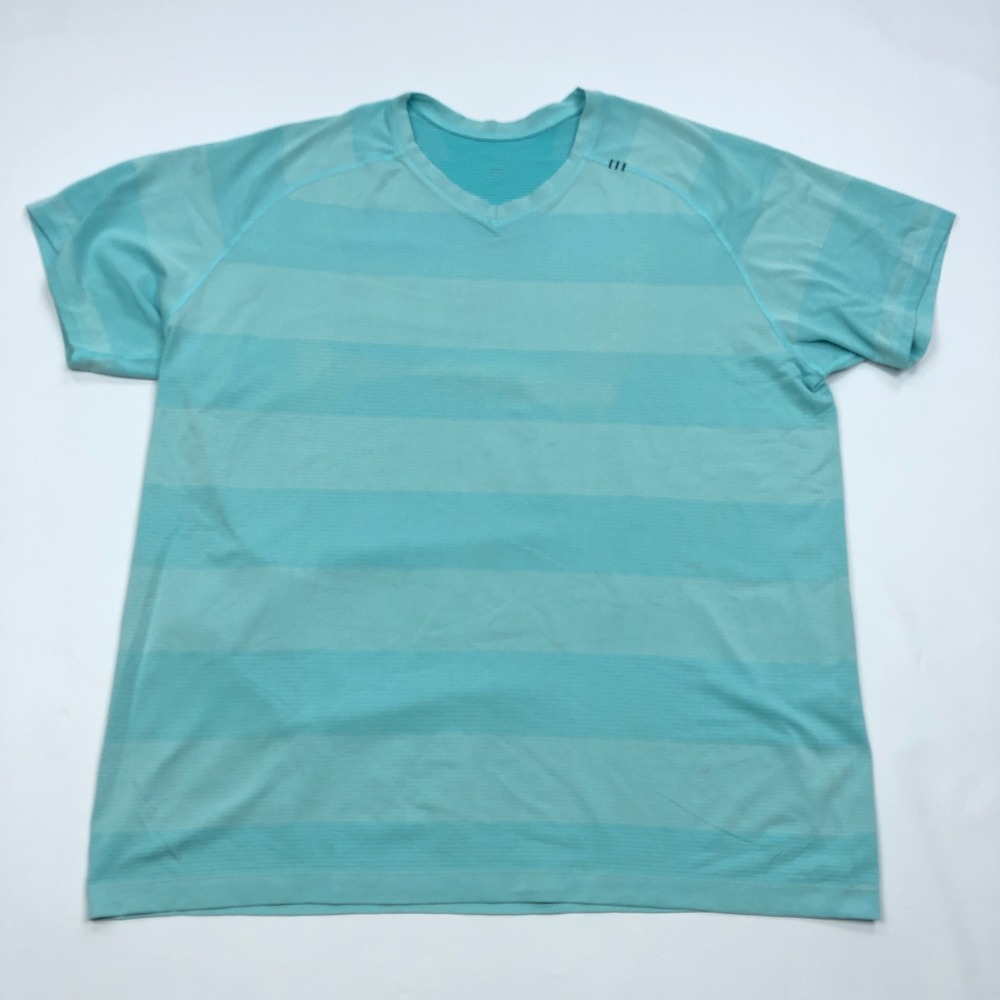 Lululemon Metal Vent Tech V-Neck Short Sleeve Shirt XXL Blue Aqua Stripe